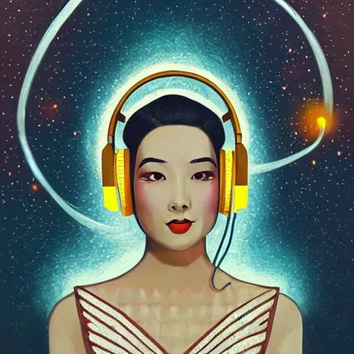 Image similar to intricate, amazing, art deco, retro vintage, painting by natelle quek, soft color palette, highly detailed, godess with headphones from space sci - fi of ancient religion