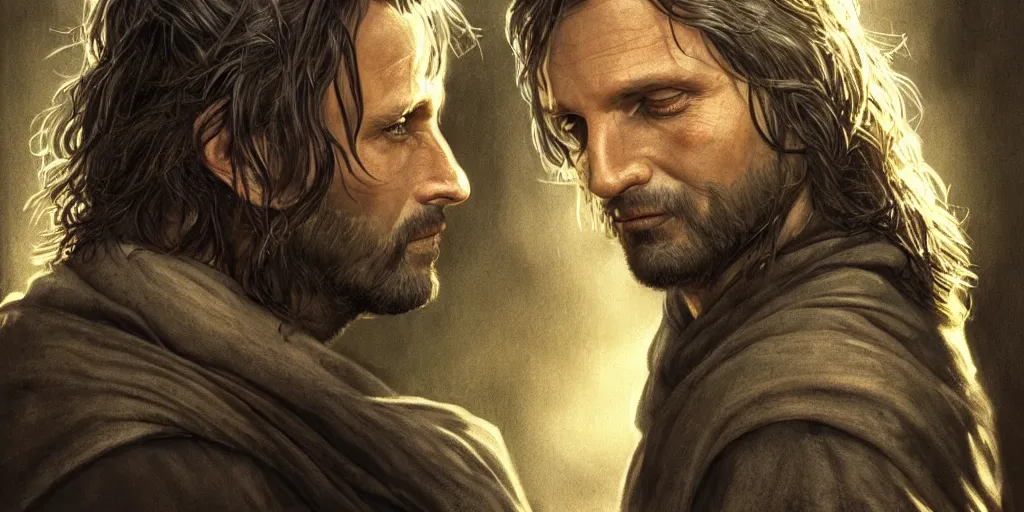 Image similar to Aragorn portrait, golden hour, rim lighting, detailed matte painting, cinematic, Alan Lee, Artstation