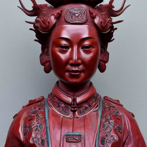 Image similar to museum angeline joile portrait statue monument made from chinese porcelain brush face hand painted with iron red dragons full - length very very detailed by rutkowski symmetrical well proportioned