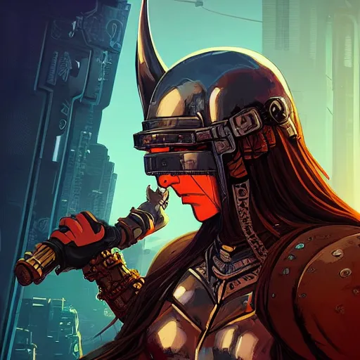 Image similar to cyberpunk viking helmet mask warrior goddess robot ninja fantasy, art gta 5 cover, official fanart behance hd artstation by jesper ejsing, by rhads, makoto shinkai and lois van baarle, ilya kuvshinov, ossdraws