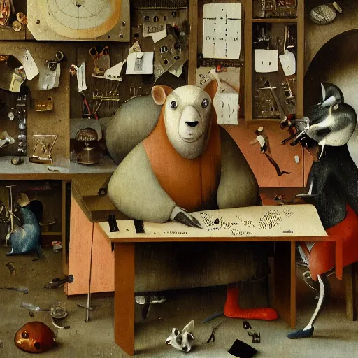 Prompt: anthropomorphic animals working in a cluttered office space by hieronymus bosch, ultra detailed, highly detailed, 8 k, trending on artstation, award - winning art,