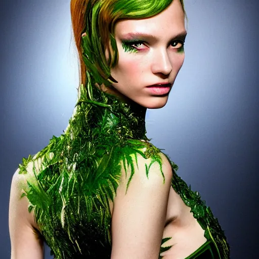 Prompt: A beautiful portrait of Daria Strokous as Poison Ivy from Batman as a Versace fashion model Spring/Summer 2010, highly detailed, in the style of cinematic, Getty images, Milan fashion week backstage, Makeup by Pat McGrath, Hair by Guido Palau, Greg rutkowski