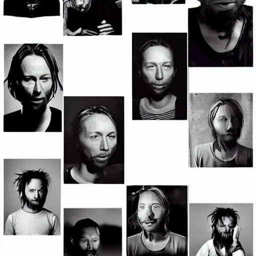 Image similar to photograph of prints of random thom yorke pictures on a table, hyper realistic, many very random variations of thom yorke, various emotions, various poses, high quality photographs, mixed styles, intricate details, diverse