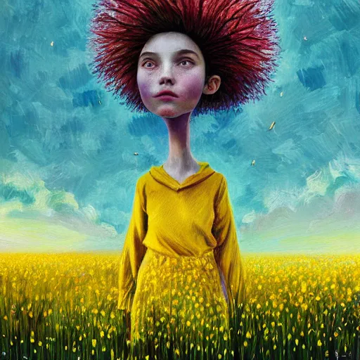 Image similar to girl with dandelion as a face, surreal photography, dream, standing in flower field, hills, big trees, sunrise dramatic light, impressionist painting, colorful clouds, digital painting, pointillism, artstation, simon stalenhag