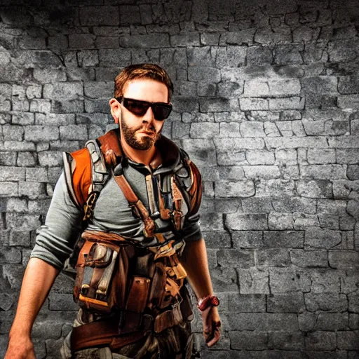 Prompt: picture of epic hero adventurer wearing sunglasses exploring the crypt, good lighted photo, sharp details, detailed, hd, hdr