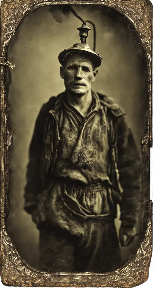 Prompt: a highly detailed wet plate photograph, a portrait of a miner holding a a lantern