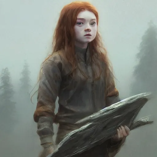 Image similar to a highly detailed epic cinematic concept art CG render digital painting artwork: 20-year-old Sadie Sink. By Greg Rutkowski, Ilya Kuvshinov, WLOP, Stanley Artgerm Lau, Ruan Jia and Fenghua Zhong, trending on ArtStation, subtle muted cinematic colors, made in Maya, Blender and Photoshop, octane render, excellent composition, cinematic atmosphere, dynamic dramatic cinematic lighting, precise correct anatomy, aesthetic, very inspirational, arthouse