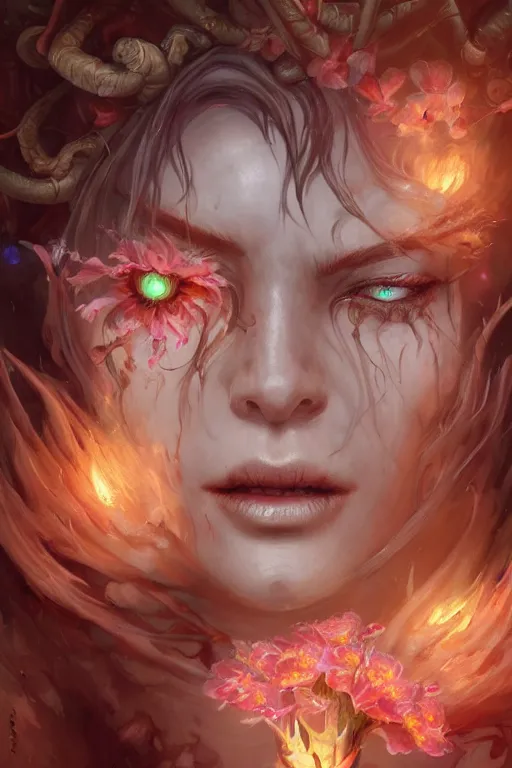 Prompt: demon face closeup of girl necromancer full of scars and flowers, wizard of the coast casting magic spell, angel, magic storm and thunder clouds, fantasy, magic the gathering, hyper detailed, 3 d render, hyper realistic detailed portrait, peter mohrbacher