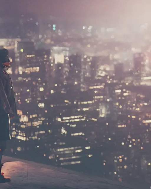 Image similar to a night rooftop scene, light from traffic in the city below, close up shot of a gangster wearing a streetwear trench coat looking at the city below, cinematic composition, in the style of Liam Wong and Makoto Shinkai