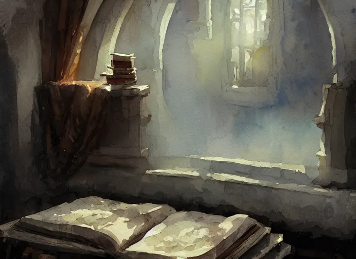 Image similar to watercolor painting of mysterious book, wonderful masterpiece by greg rutkowski, beautiful cinematic light, american romanticism by greg manchess, creation by tyler edlin