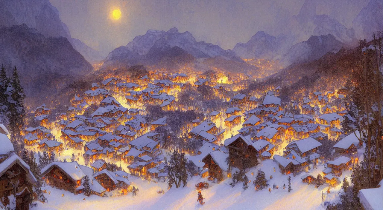 Image similar to A beautiful landscape painting of a small swiss mountain village in the snow at night by Alfons Maria Mucha and Julie Dillon and Makoto Shinkai