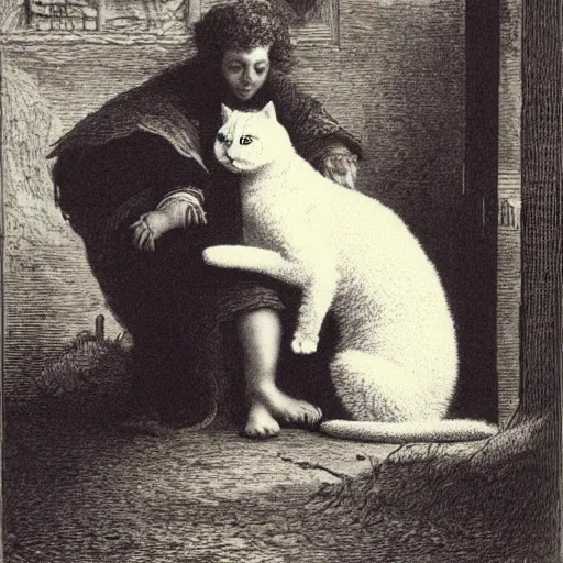 Prompt: manon and gregoire with a white cat with yellow eyes, gustave dore engraving