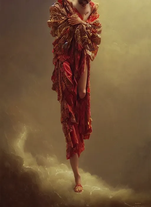 Prompt: highly detailed oil painting | very intricate | cinematic lighting | award - winning | watermelon kimono fashion by alexander mcqueen | by roberto ferri, by tom bagshaw, by j. c. leyendecker and klimt, american romanticism, by austin osman spare, artstation, cgsociety, official art, octane