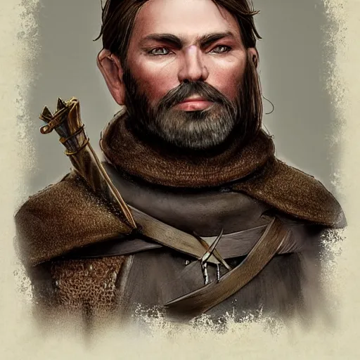 Image similar to 5 0 years old man : : brown hair, stubble beard : : decorated medieval clothing : : high detail, digital art, rpg, concept art, illustration