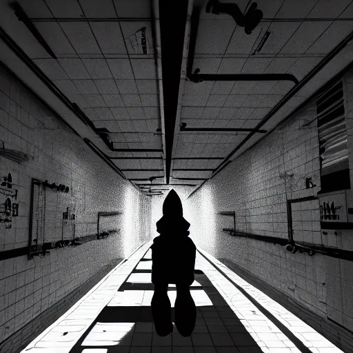 Image similar to woman holding shotgun runs down hallway, wearing black beanie and black bomber jacket, in an underground lab, MC Escher style architecture, sterile, unknown location, light and shadows, fire, bullet shells flying, 4k, cinematic, unreal engine