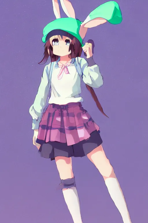 Image similar to Tonemapped cheerful Anime girl with bunny hat in the style of Makoto Shinkai and Yun Koga