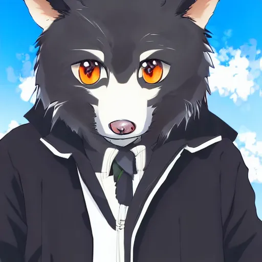 Image similar to key anime visual portrait of an anthropomorphic anthro wolf fursona, in a jacket, with handsome eyes, official modern anime art