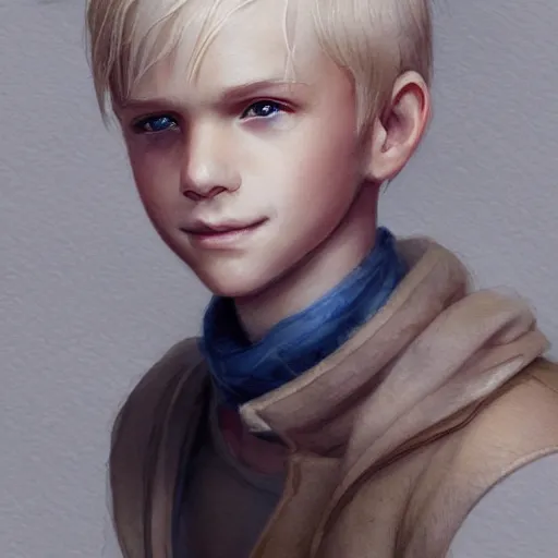 Image similar to young boy, blonde hair, happy eyes, smile, gorgeous, amazing, delicate, elegant, intricate, highly detailed, watercolor, portrait, artstation, concept art, sharp focus, illustration, art by charlie bowater and Ross tran