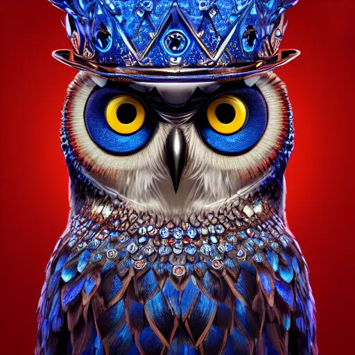 Image similar to magical owl, charactor, big blue eyes, with a diamond crown on his head, hyper detailed, stylistic, symmetrical, 3 d render, 8 k, octane render