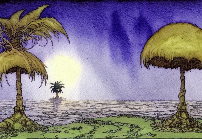 Prompt: a simple watercolor fantasy concept art of a dark grey cube next to a palm tree at night. by studio ghibli, rebecca guay, michael kaluta, charles vess