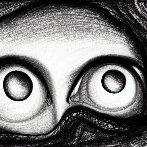 Image similar to a drawing of three realistic eyes floating over a mountain, black and white, vintage poster, film grain