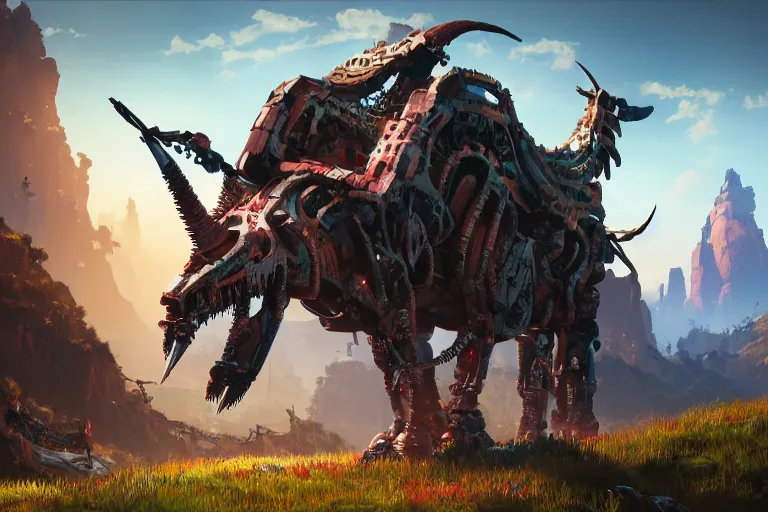 Image similar to grimhorn fanghorn machine mecanical creature robot of horizon forbidden west horizon zero dawn bioluminiscence global illumination ray tracing hdr fanart arstation by ian pesty and alena aenami artworks in 4 k