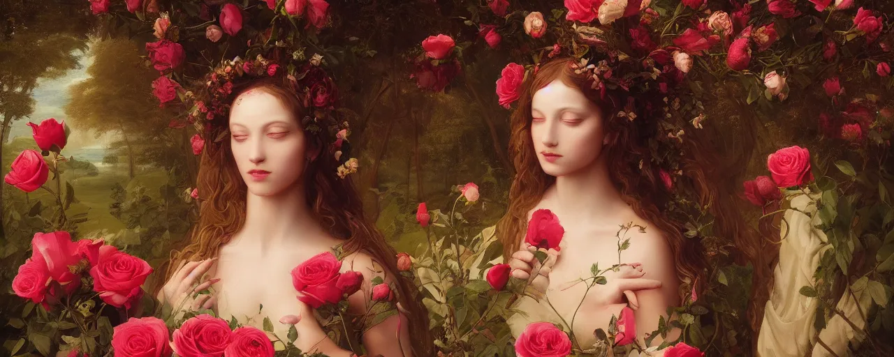 Image similar to the Divine Feminine standing in a field of Roses, Beautiful, Crown of the Gods, Woman, All Races, All Cultures, Female, Birth of creation, Mother Earth, Divinity, Hope, Ethereal, Renaissance Painting, Atmospheric Lighting, artstation trending