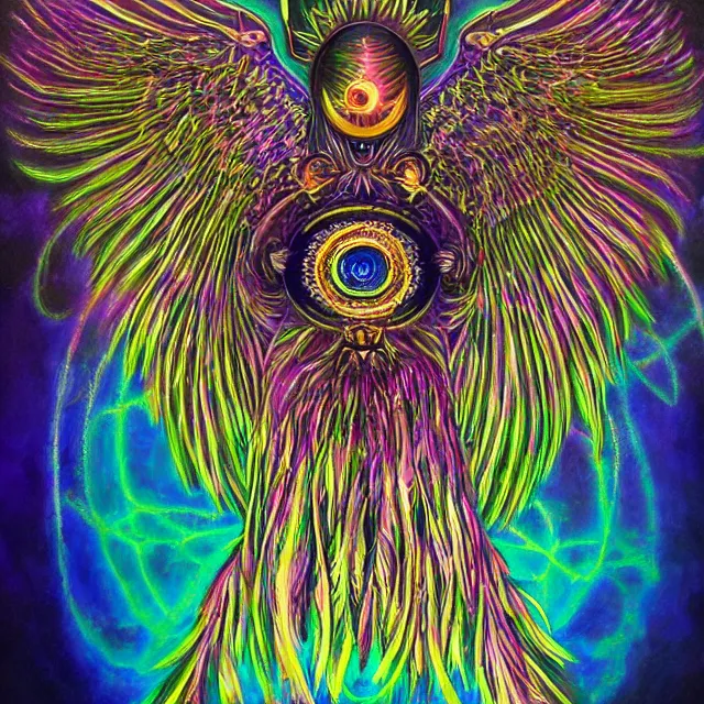 Prompt: angelic ophanim ophanim ophanim Lovecraftian celestial covered in eyes feathers and wings, oil painting award winning, chromatic aberration sharp psychedelic colors, symmetrical geometry sublime angel be not afraid