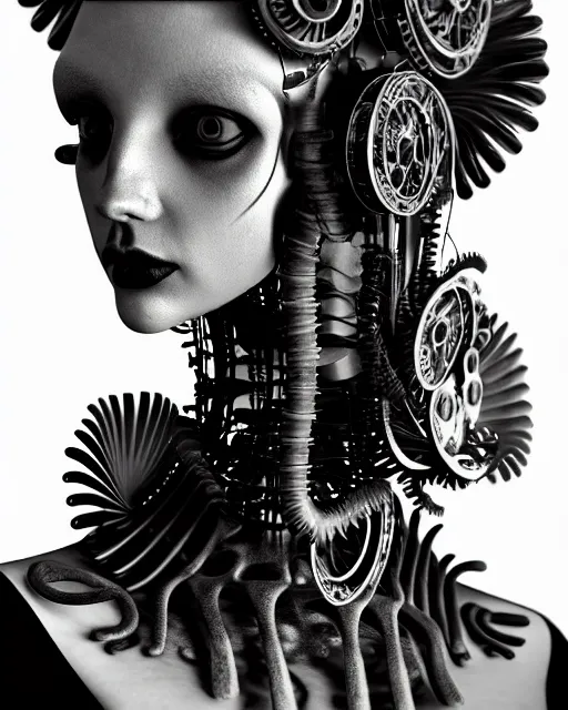 Image similar to black and white dreamy foggy smoky profile face portrait, one silver steampunk eye biomechanical beautiful young female cyclope - cyborg - robot bust, body ribs meshes,, volumetric light, hibiscus flowers, by hg giger, rim light, by dora maar and cecile beaton, big gothic fashion pearl embroidered collar, 8 k