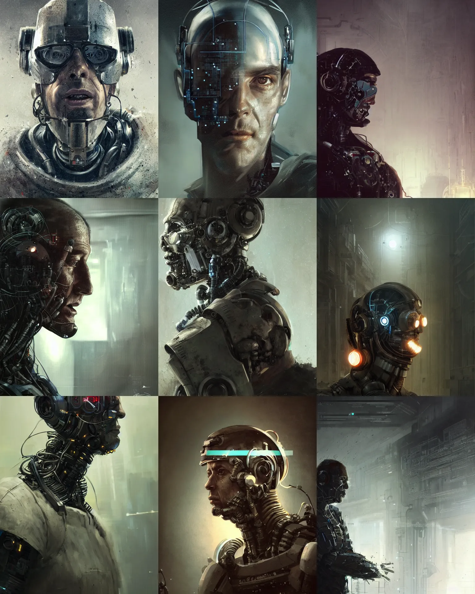 Prompt: a half - masked rugged laboratory engineer man with cybernetic enhancements as seen from far away, scifi character portrait by greg rutkowski, esuthio, craig mullins, 1 / 4 headshot, cinematic lighting, dystopian scifi gear, gloomy, profile picture, mechanical, cyborg, half robot, implants, dieselpunk