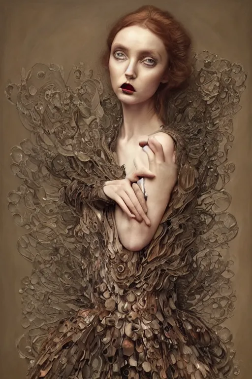 Image similar to an intricate realistic oil painting of a fashion model resembling lily cole, wearing avant garde fashion, shoes, clothing by alexander mcqueen, clothing by iris van herpen, full body, headspace, runway, by tom bagshaw, by karol bak, emil melmoth