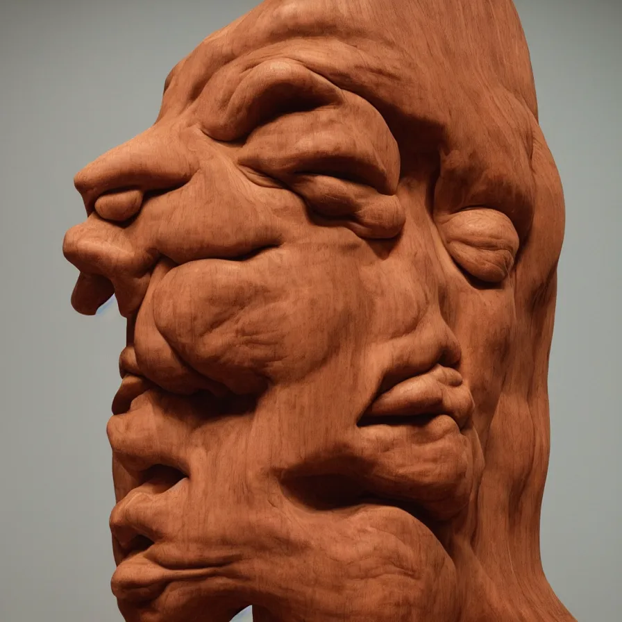 Prompt: realistic monumental sculpture portrait of a powerful stern woman, beautiful symmetrical face realistic proportions, carved out of a red oak wood on a pedestal by stephan balkenhol and duane hanson and martin puryear, hyperrealistic dramatic colored lighting trending on artstation 8 k