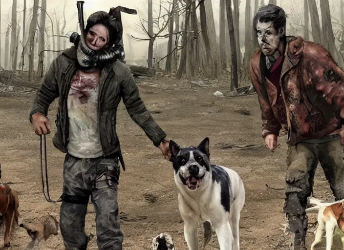 Prompt: A scene from a post-apocalyptic world where the only survivors are dogs