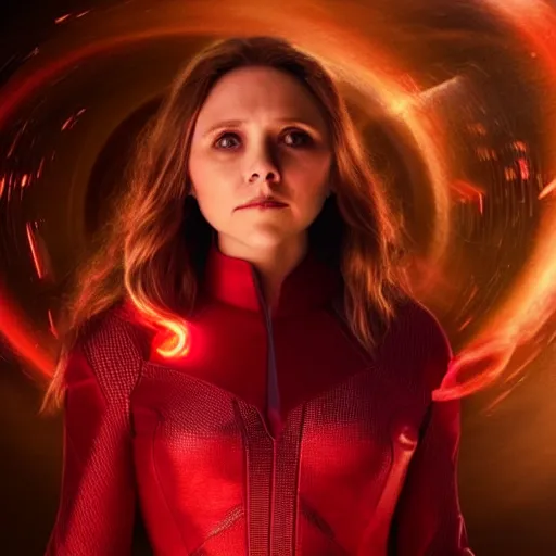 Prompt: Elisabeth Olsen as Scarlet Witch with a glowing aura around her, head and shoulders portrait, extremely detailed masterpiece, one single continues line.