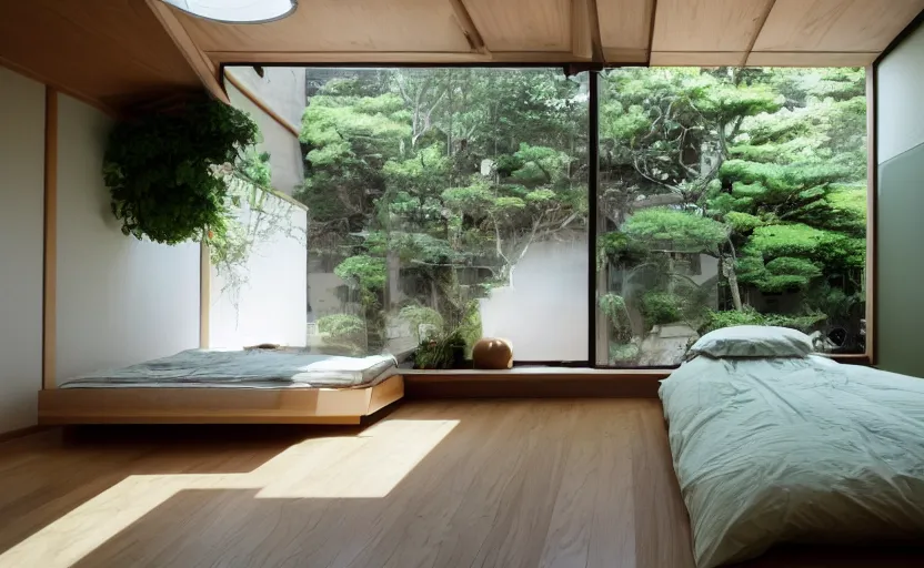 Image similar to a japanese bedroom interior, minimalist, bed, cupboards, wood, concrete, green walls, bright, windows, plants, carpet, moody light, view of a inner courtyard, retro futuristic, earth colors