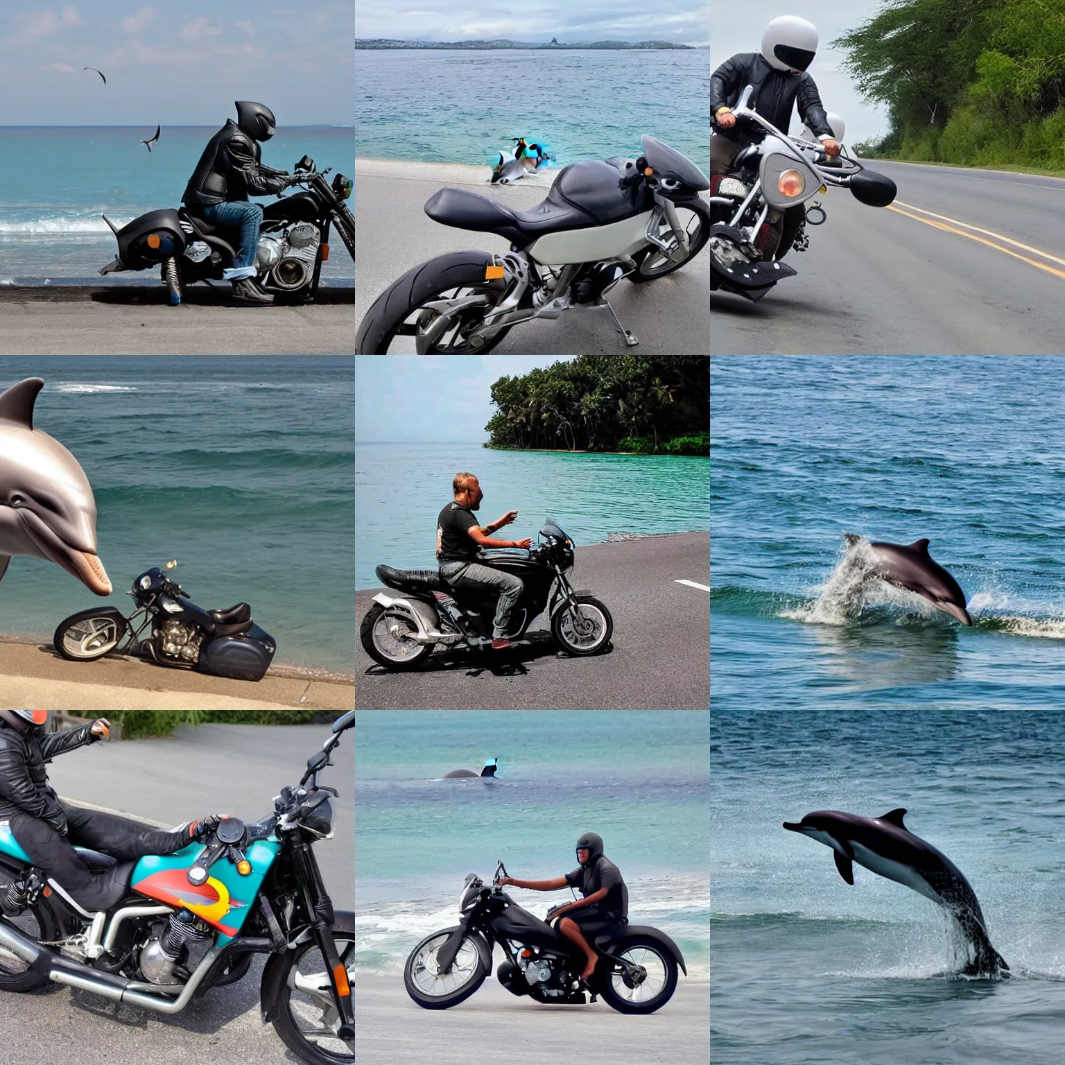 Prompt: Photo of a dolphin sitting on a motorcycle driving motorbike