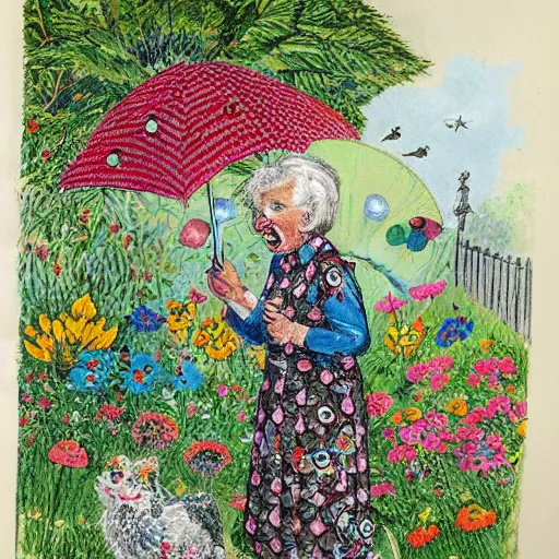 Image similar to an old lady is very excited about an umbrella in her back yard, in the style of Louis wain