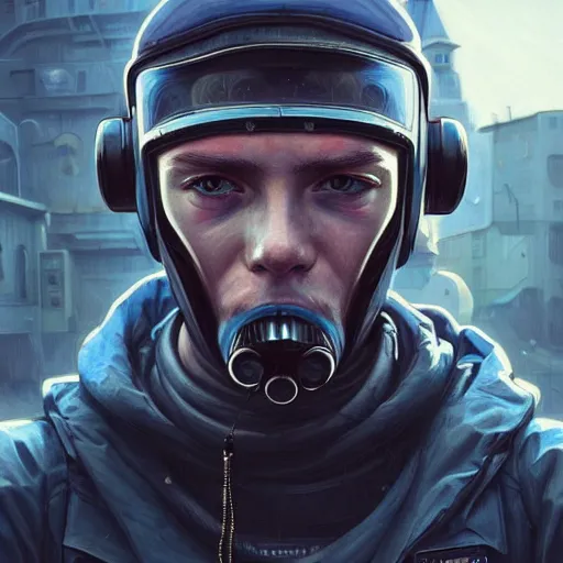 Image similar to A portrait of a cyberpunk gopnik on the street of a Russian city on the moon, Norilsk, sci-fi, fantasy, intricate, very very beautiful, elegant, highly detailed, digital painting, artstation, concept art, smooth, sharp focus, illustration, art by artgerm and greg rutkowski and alphonse mucha