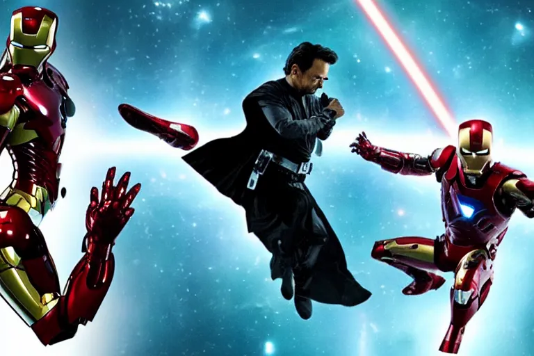 Image similar to a duel between iron man ( left ) and darth vader ( right ), in space, shot on alexa, 3 5 mm cooke, still from a movie, trending on hollywood reporter