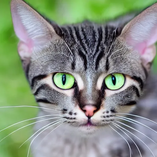 Image similar to cute greyish brown tabby cat mix with (((light green eyes))), white nose bridge, (((pink nose))), slightly weird, mixed with a margay