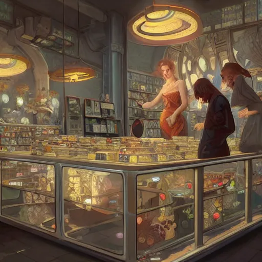 Image similar to modern coin shop with a lot of coins, 4 k, octane, digital painting, artstation, concept art, sharp focus, illustration, art by artgerm and greg rutkowski and alphonse mucha