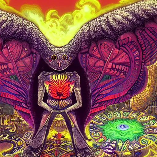 Image similar to 8K Portrait of centered chest up of a psychedelic godlike mothman with giant mandala wings smoking a hand-rolled cigarette smoking heavily , magic mushroom village in background , post-processing , award winning. superb resolution. in the art style of junji Ito and greg rutkowski . Detailed Mushroom city in background. Hyper realistic anime. Perfect art. Dalle2