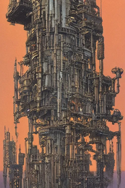 Prompt: steampunk tower by ralph mcquarrie and frank lloyd frank lloyd and bruce pennington and ted nasmith