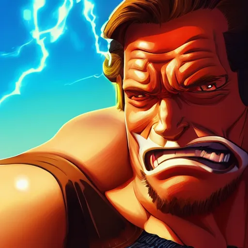 Image similar to Portrait of Schwarzenegger as a character of One Piece, mattepainting concept Blizzard pixar maya engine on stylized background splash comics global illumination lighting artstation lois van baarle, ilya kuvshinov, rossdraws