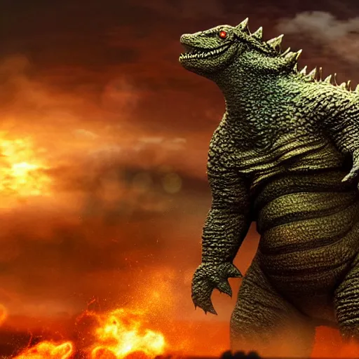Image similar to Dwarf Godzilla destroys Tokyo, a super detailed high resolution cinematic scene