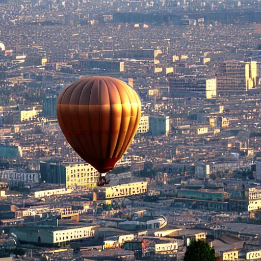 Prompt: Steampunk balloon in the air, flying above the city.