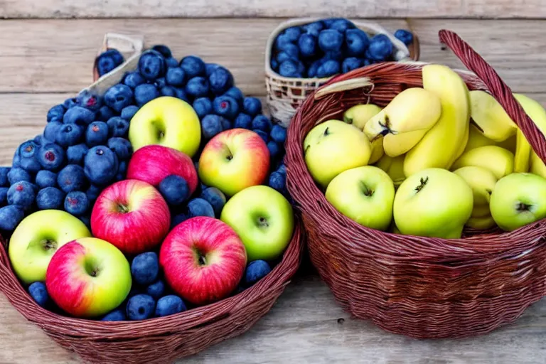 Prompt: a basket of apples beside a basket of bananas beside a basket of blueberries