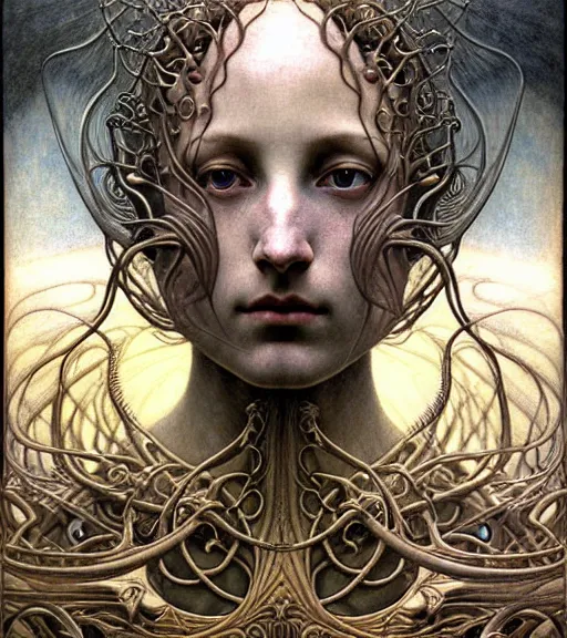 Image similar to detailed realistic beautiful young medieval alien queen face portrait by jean delville, gustave dore and marco mazzoni, art nouveau, symbolist, visionary, gothic, pre - raphaelite. horizontal symmetry by zdzisław beksinski, iris van herpen, raymond swanland and alphonse mucha. highly detailed, hyper - real, beautiful