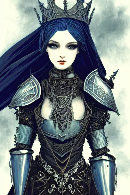 Prompt: beautiful gothic and victorian and evil and dieselpunk medieval female blue armor knight portrait, like lisa blackpink+smoky eyes+light flowing hair, ultradetail face, ruined gothic cathedral, art and illustration by tian zi and craig mullins and WLOP and alphonse mucha, ssci-fi, fantasy, intricate complexity, human structure, fantasy world concept, watermark, blurry, hyperrealism 8k