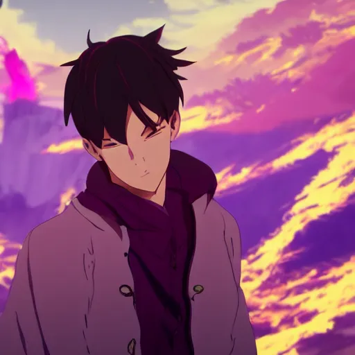 Prompt: dragon living in his dungeon with purple eyes and red wings and black body and breathes bright purple fire in a 4k makoto shinkai movie